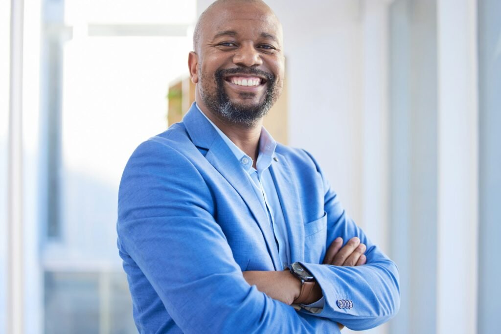 Happy, success and portrait of black man startup ceo, proud, confident and leader African business